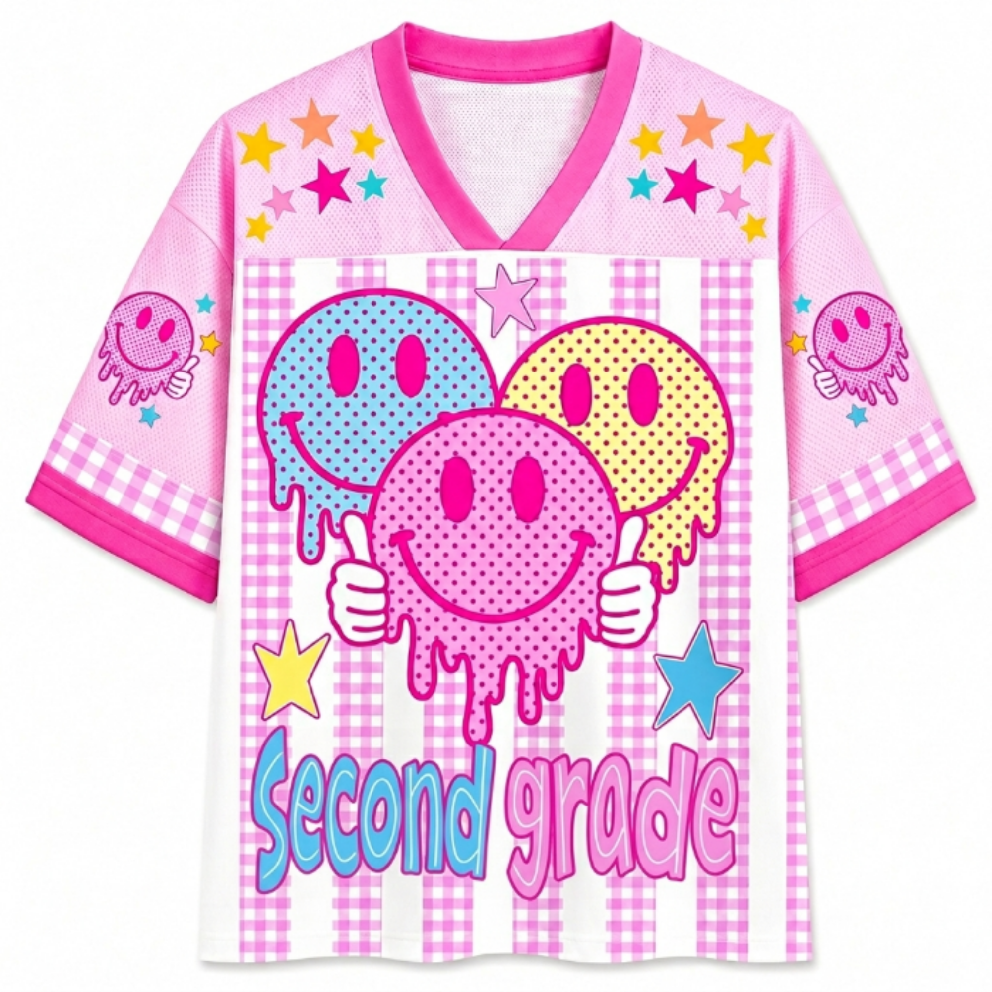 Chaotic Club Smiley Face Striped Back To School Pink Gingham Mesh Jersey