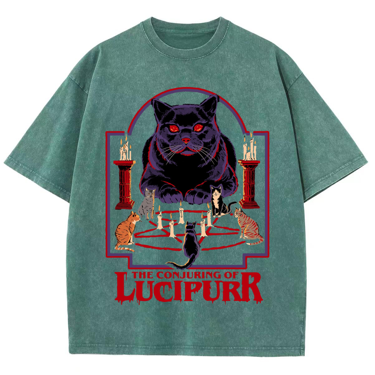 The Conjuring Of Lucipurr Unisex Vintage Solid Wash Denim T-Shirts-Print-cool