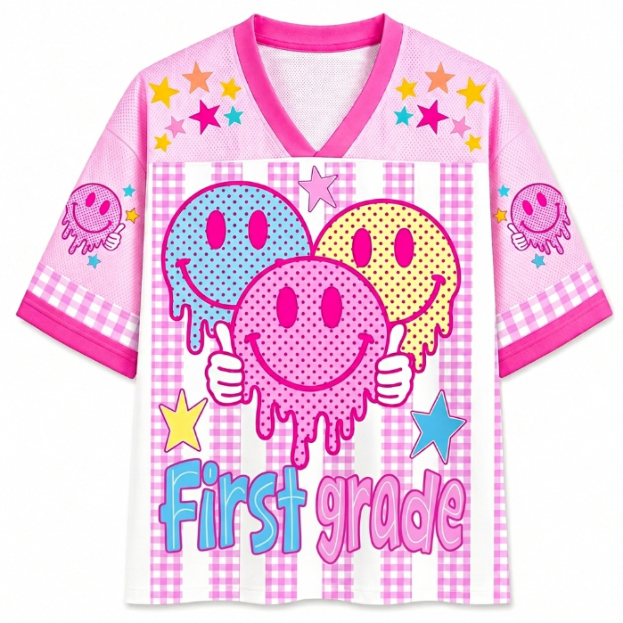 Chaotic Club Smiley Face Striped Back To School Pink Gingham Mesh Jersey