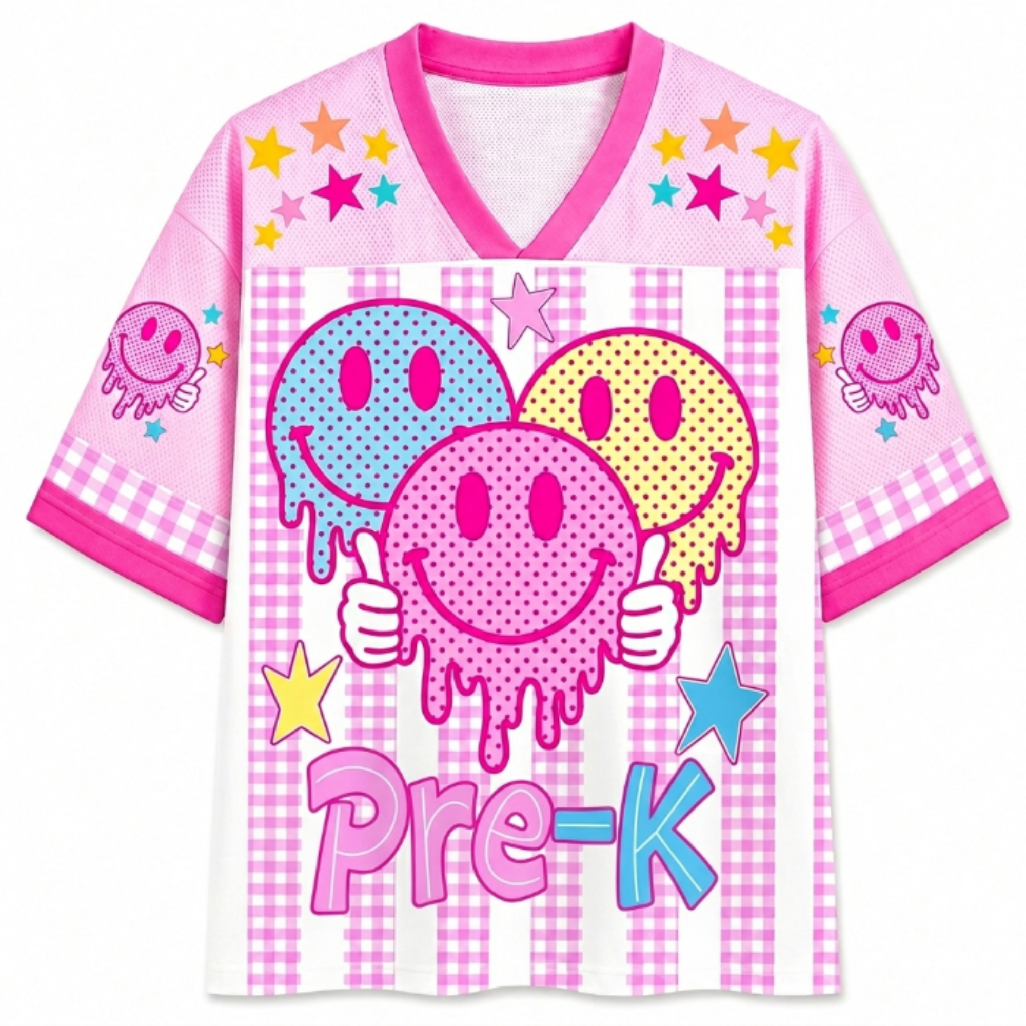 Chaotic Club Smiley Face Striped Back To School Pink Gingham Mesh Jersey