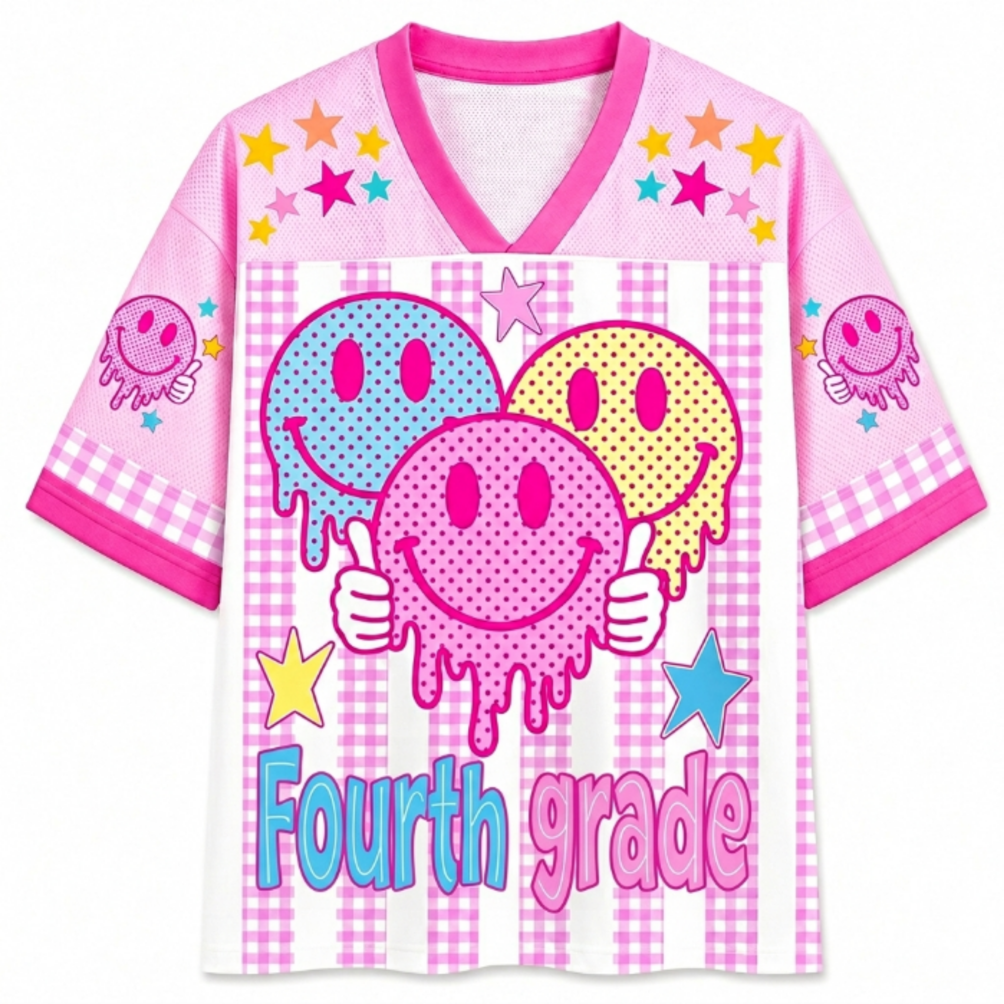 Chaotic Club Smiley Face Striped Back To School Pink Gingham Mesh Jersey