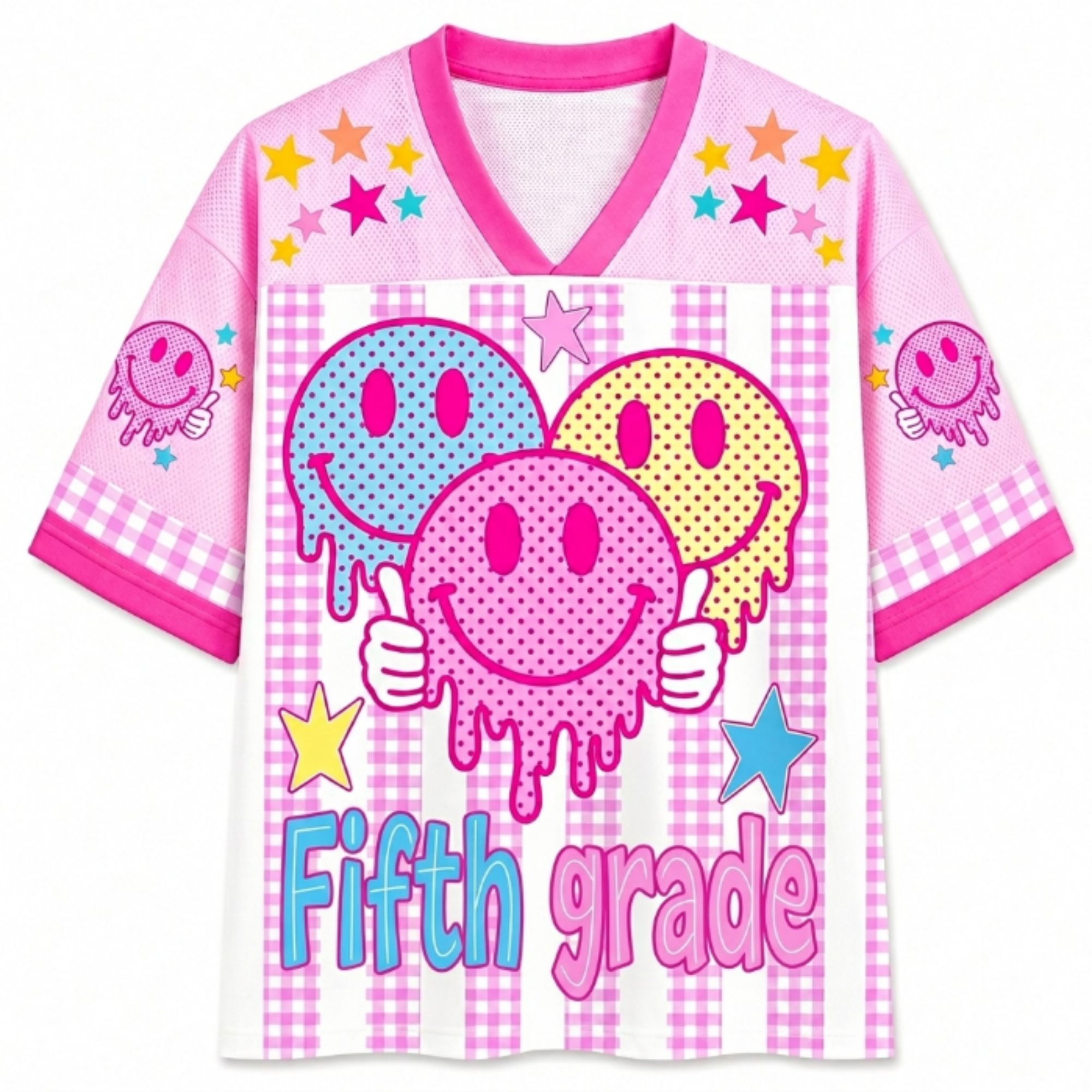 Chaotic Club Smiley Face Striped Back To School Pink Gingham Mesh Jersey