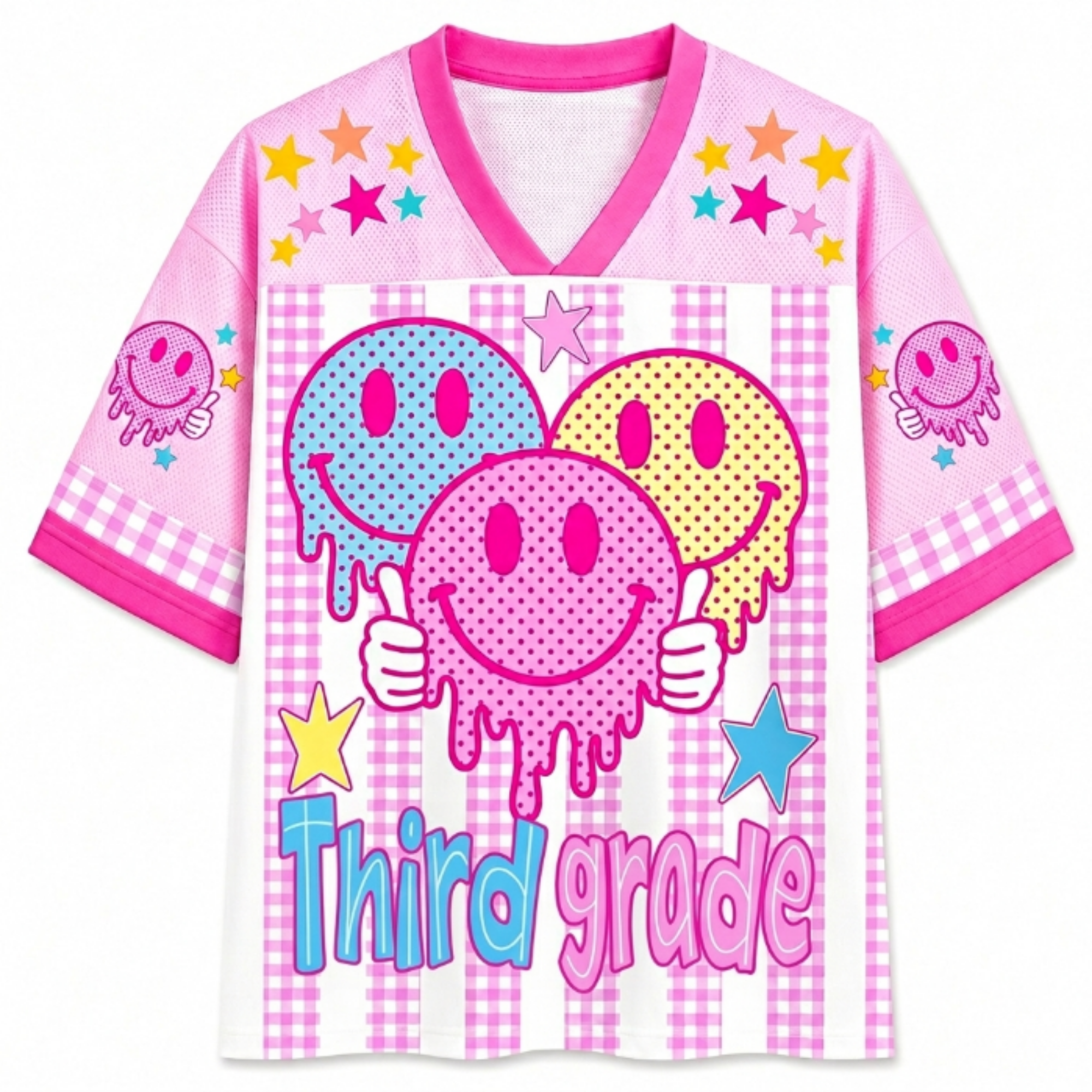 Chaotic Club Smiley Face Striped Back To School Pink Gingham Mesh Jersey