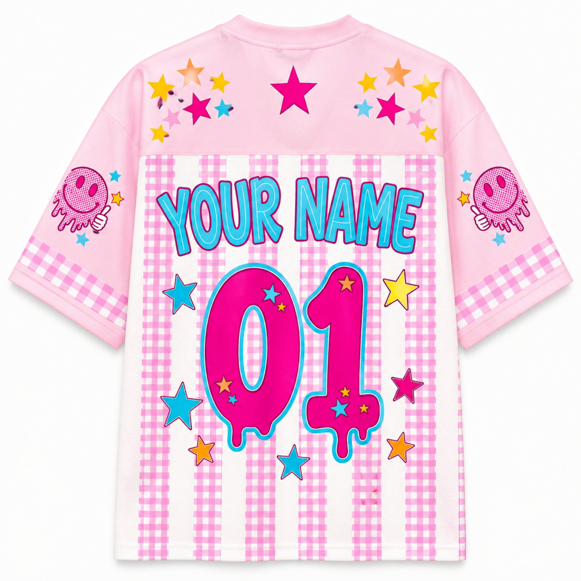 Chaotic Club Smiley Face Striped Back To School Pink Gingham Mesh Jersey