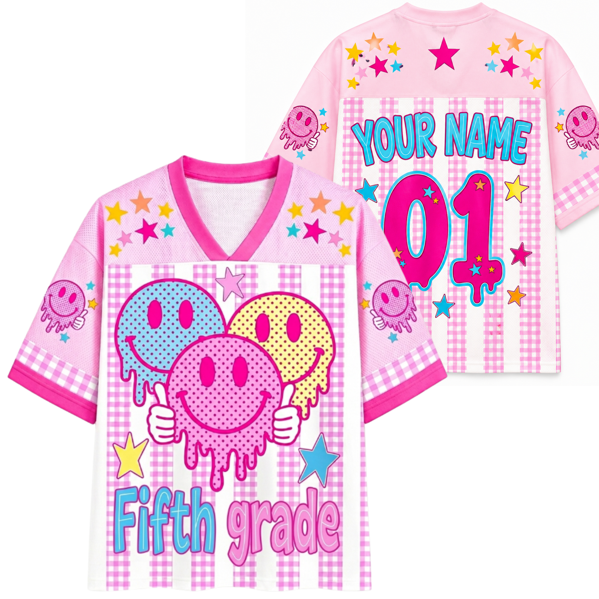 Chaotic Club Smiley Face Striped Back To School Pink Gingham Mesh Jersey