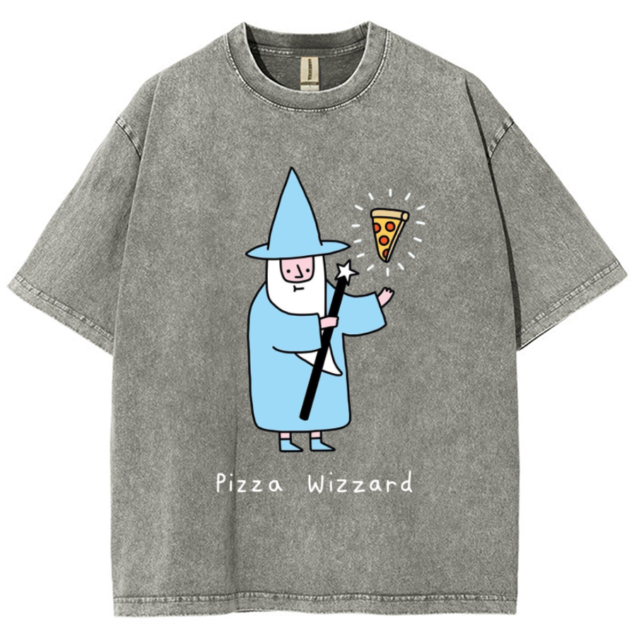Pizza Wizzard Unisex Printed Retro Washed Short Sleeved T-Shirt-Print-cool