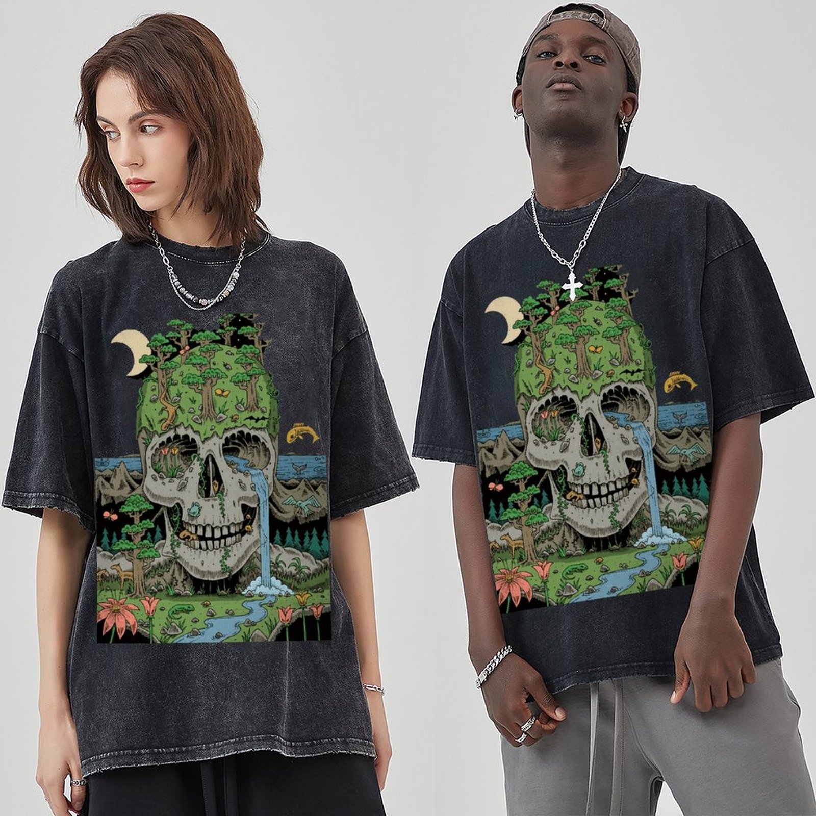Skull Crying Unisex Vintage Solid Wash Denim T-Shirts-Print-cool