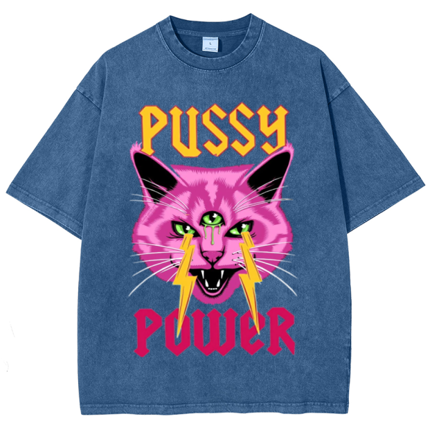 Pussy Power Unisex Oversized Print Vintage Wash Denim T-Shirt