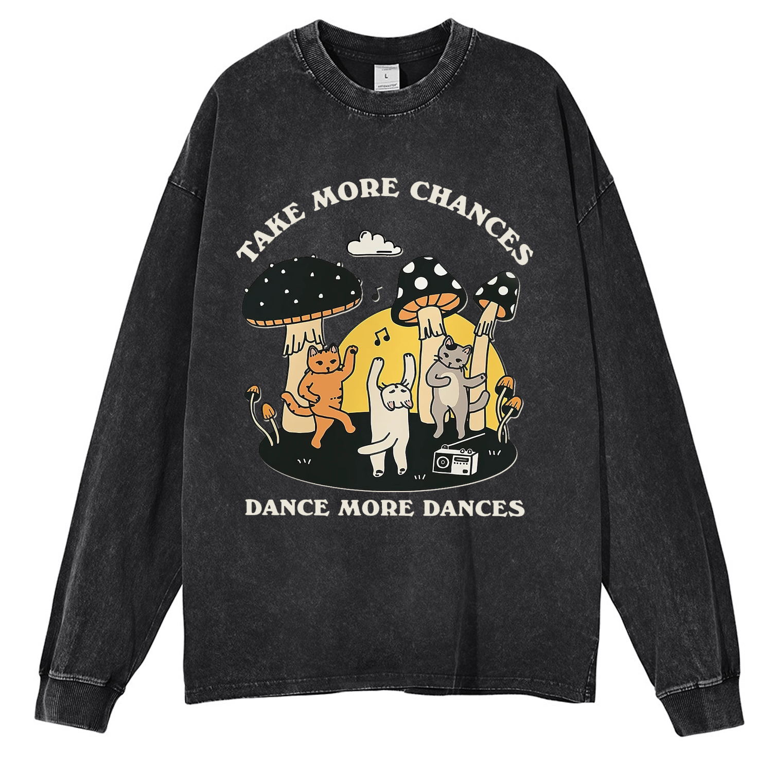 Take More Chances Dance More Dances Unisex Casual Washed Printed Round Neck Long Sleeve T-shirt-Print-cool