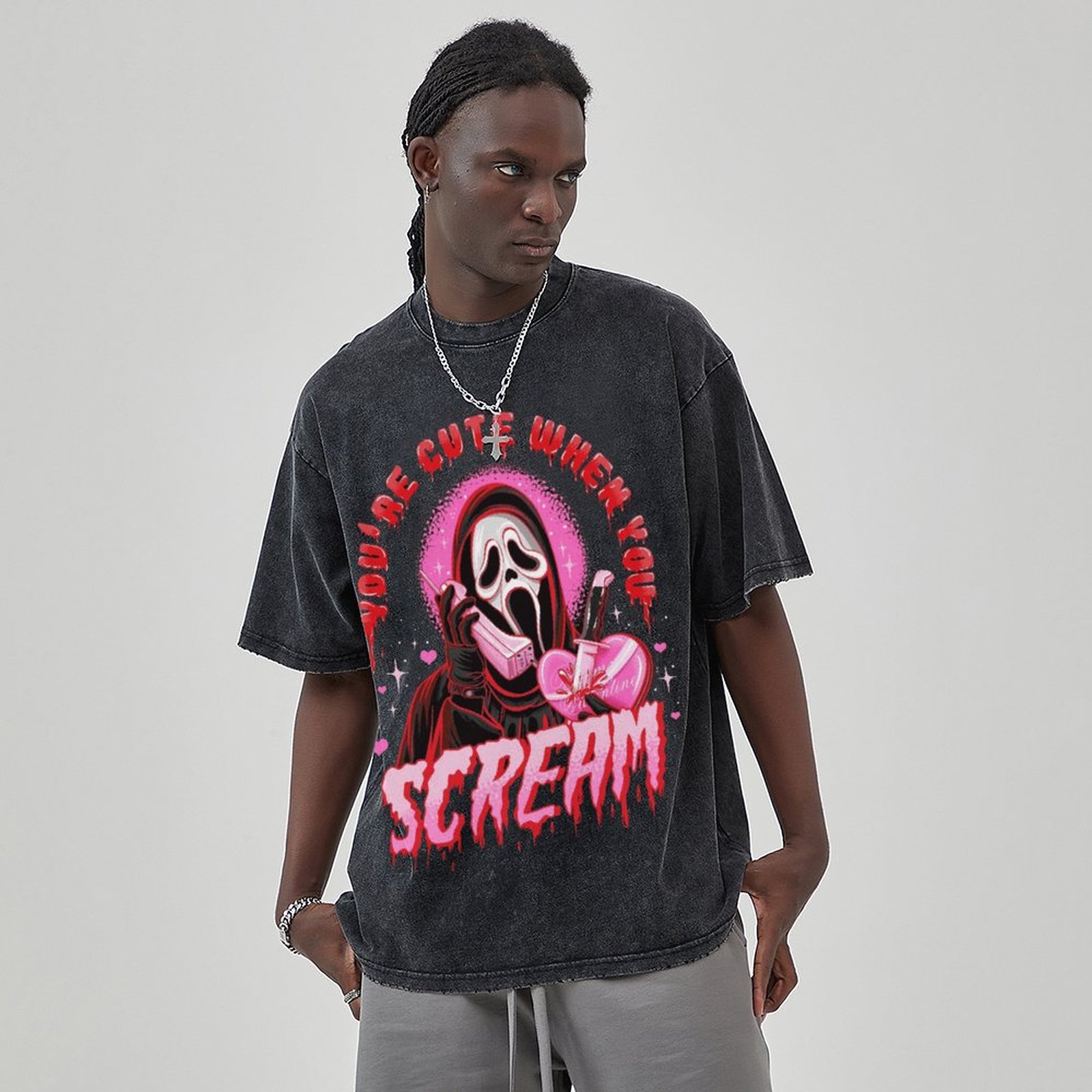 Cute Scream Unisex Vintage Solid Wash Denim T-Shirts