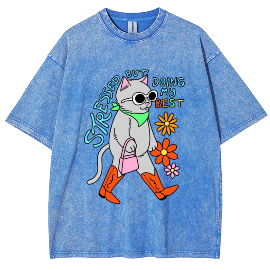 Stressed But Doing My Best Cat Unisex Printed Retro Washed Short Sleeved T-Shirt