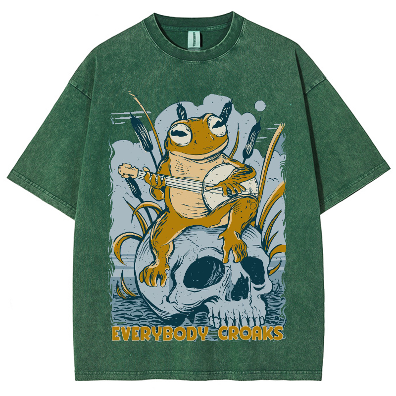 Rock Frog Skull Unisex Vintage Wash Denim T-Shirts-Print-cool