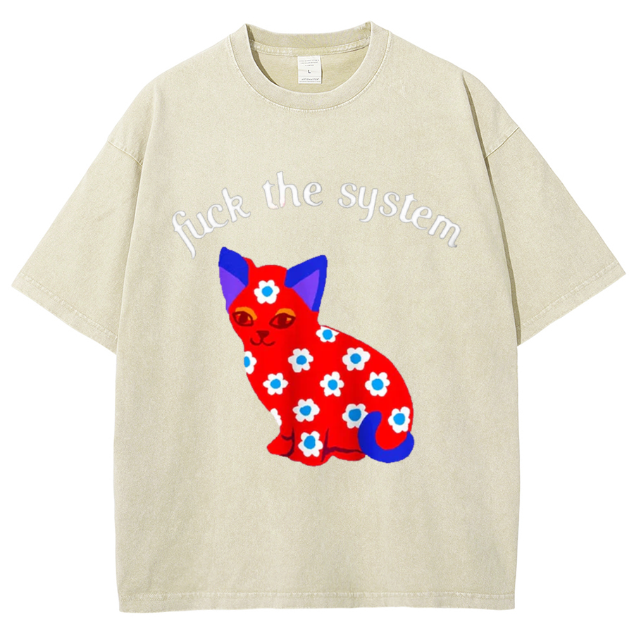 F The System Unisex Oversized Print Vintage Wash Denim T-Shirt-Print-cool