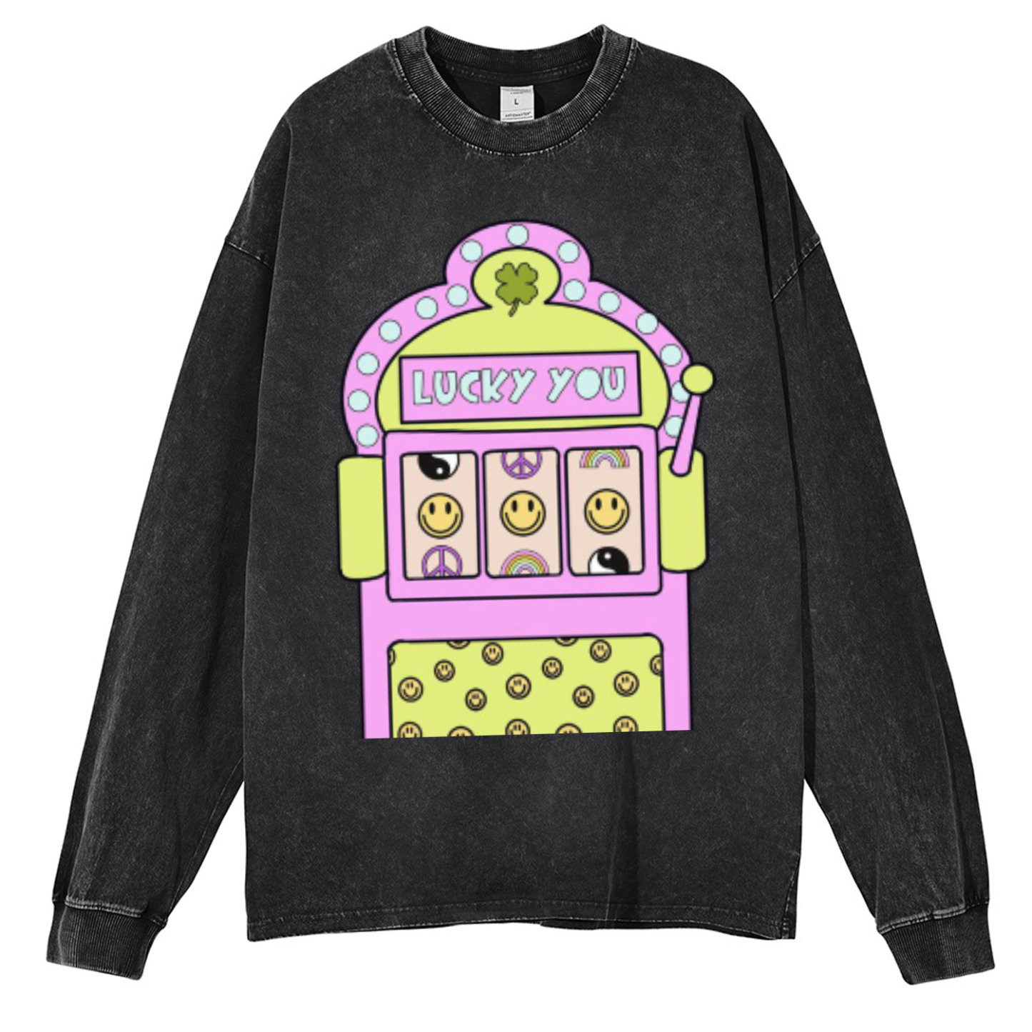 Lucky You Unisex Casual Washed Printed Round Neck Long Sleeve T-shirt