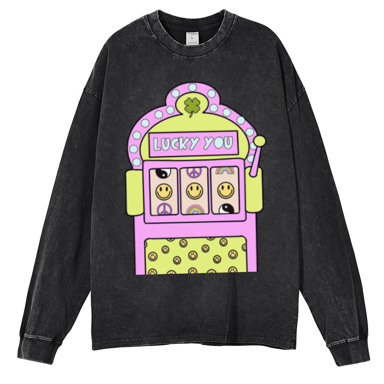 Lucky You Unisex Casual Washed Printed Round Neck Long Sleeve T-shirt