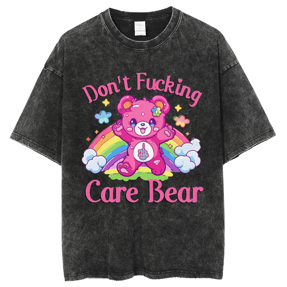 Don't F Care Bear Unisex Oversized Print Vintage Wash Denim T-Shirt