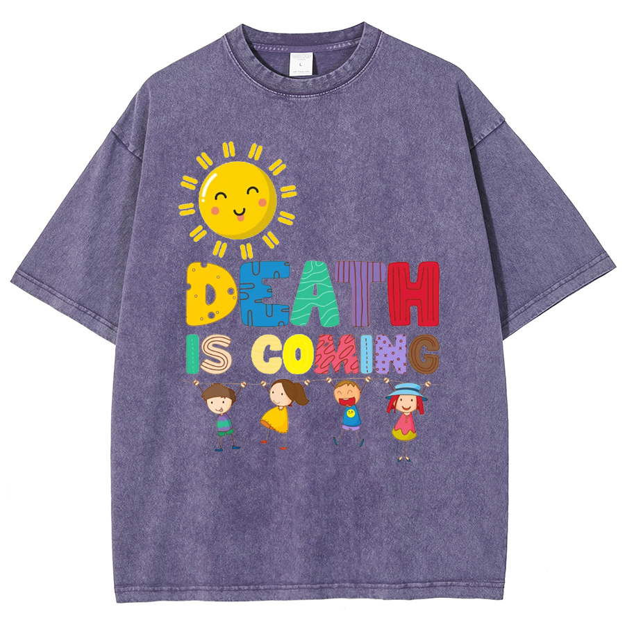 Death Is Coming Unisex Oversized Print Vintage Wash Denim T-Shirt