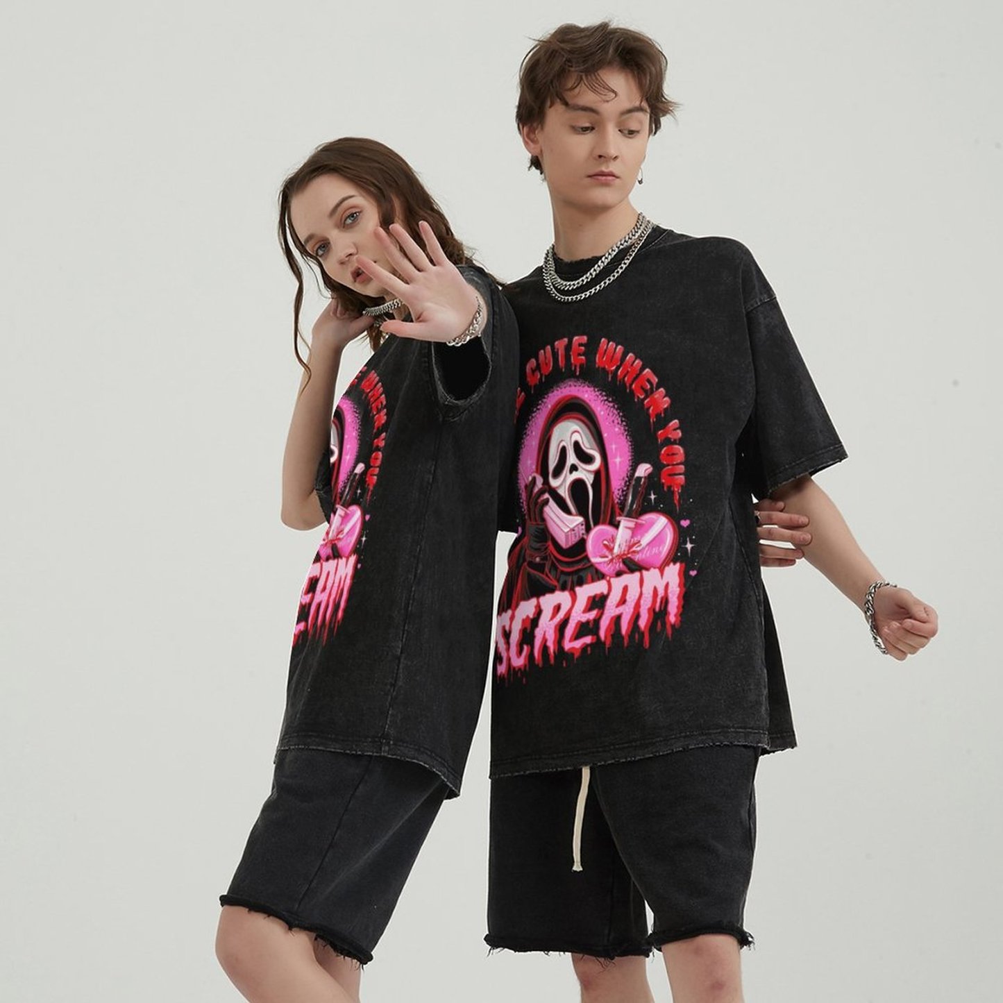Cute Scream Unisex Vintage Solid Wash Denim T-Shirts