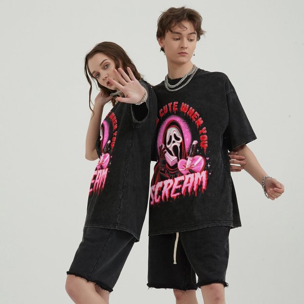 Cute Scream Unisex Vintage Solid Wash Denim T-Shirts