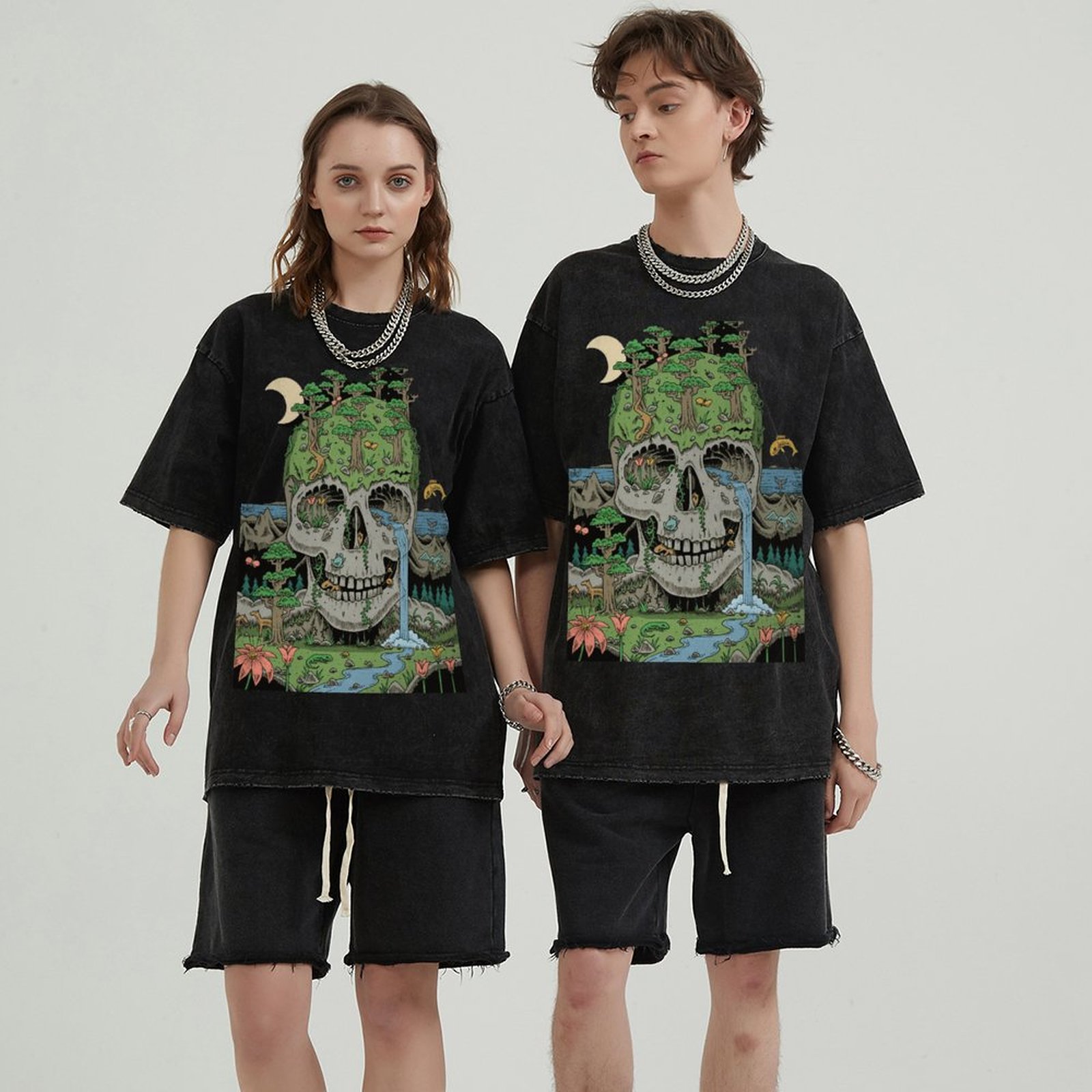 Skull Crying Unisex Vintage Solid Wash Denim T-Shirts-Print-cool