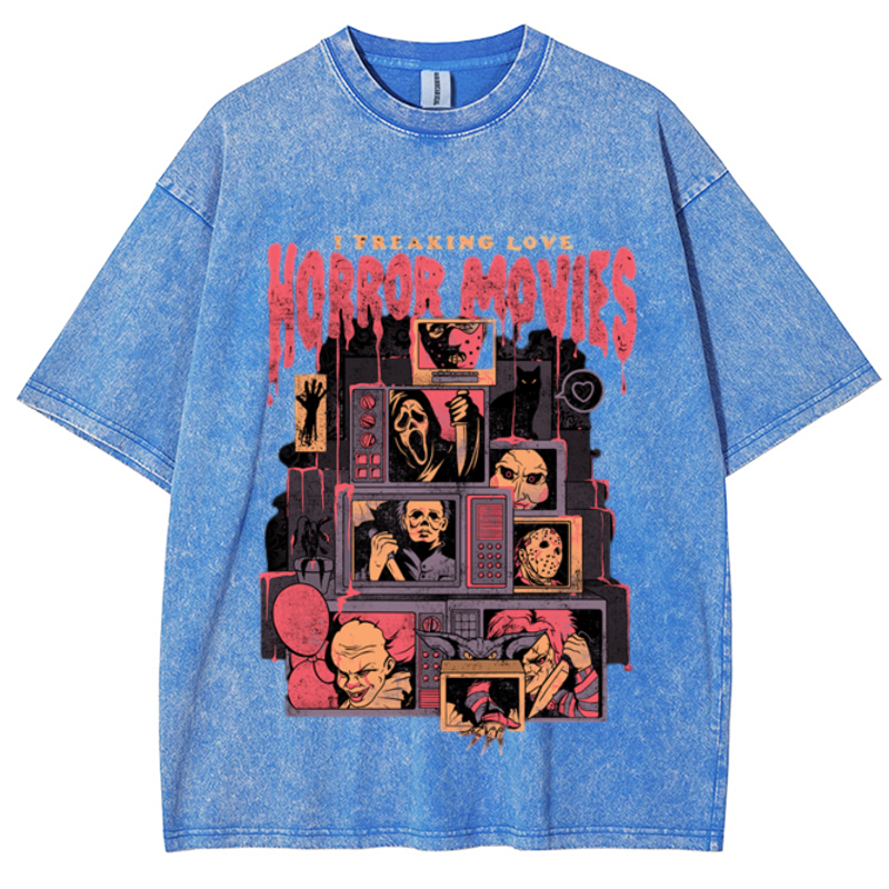 Horror Movies Unisex Vintage Wash Denim T-Shirts-Print-cool