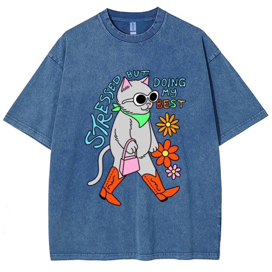Stressed But Doing My Best Cat Unisex Printed Retro Washed Short Sleeved T-Shirt
