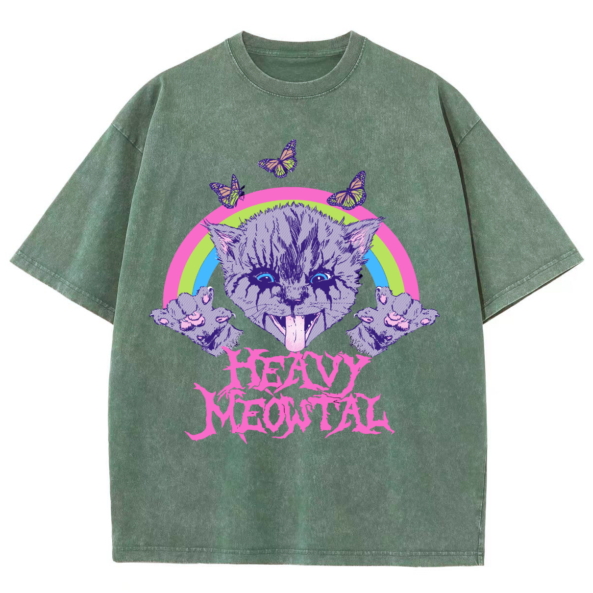Heavy Meowtal Unisex Printed Retro Washed Short Sleeved T-Shirt-Print-cool