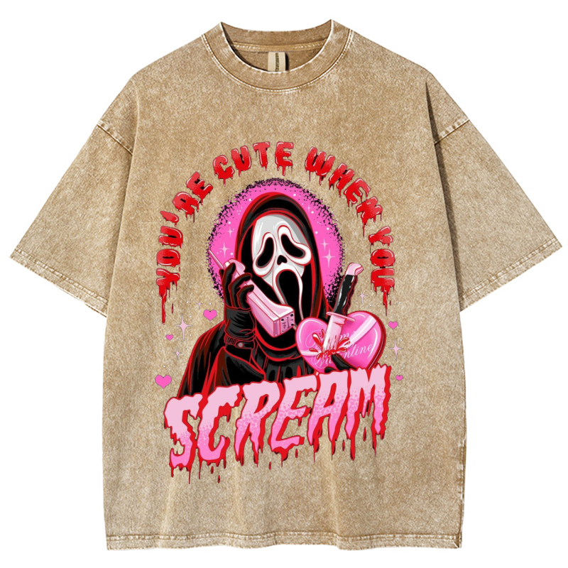 Cute Scream Unisex Vintage Solid Wash Denim T-Shirts