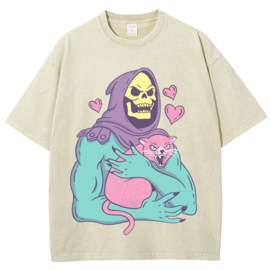 Funny Skull Cat Unisex Printed Retro Washed Short Sleeved T-Shirt