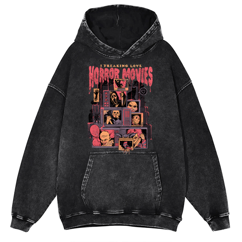 I Freaking Love Horror Movies Unisex Printed Casual Washed Hoodie Sweatshirt-Print-cool