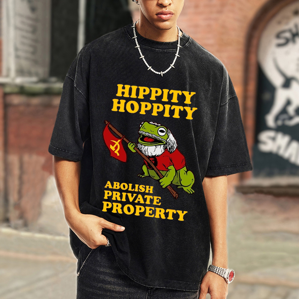 Hippity Hoppity Abolish Private Property Unisex Oversized Print Vintage Wash Denim T-Shirt