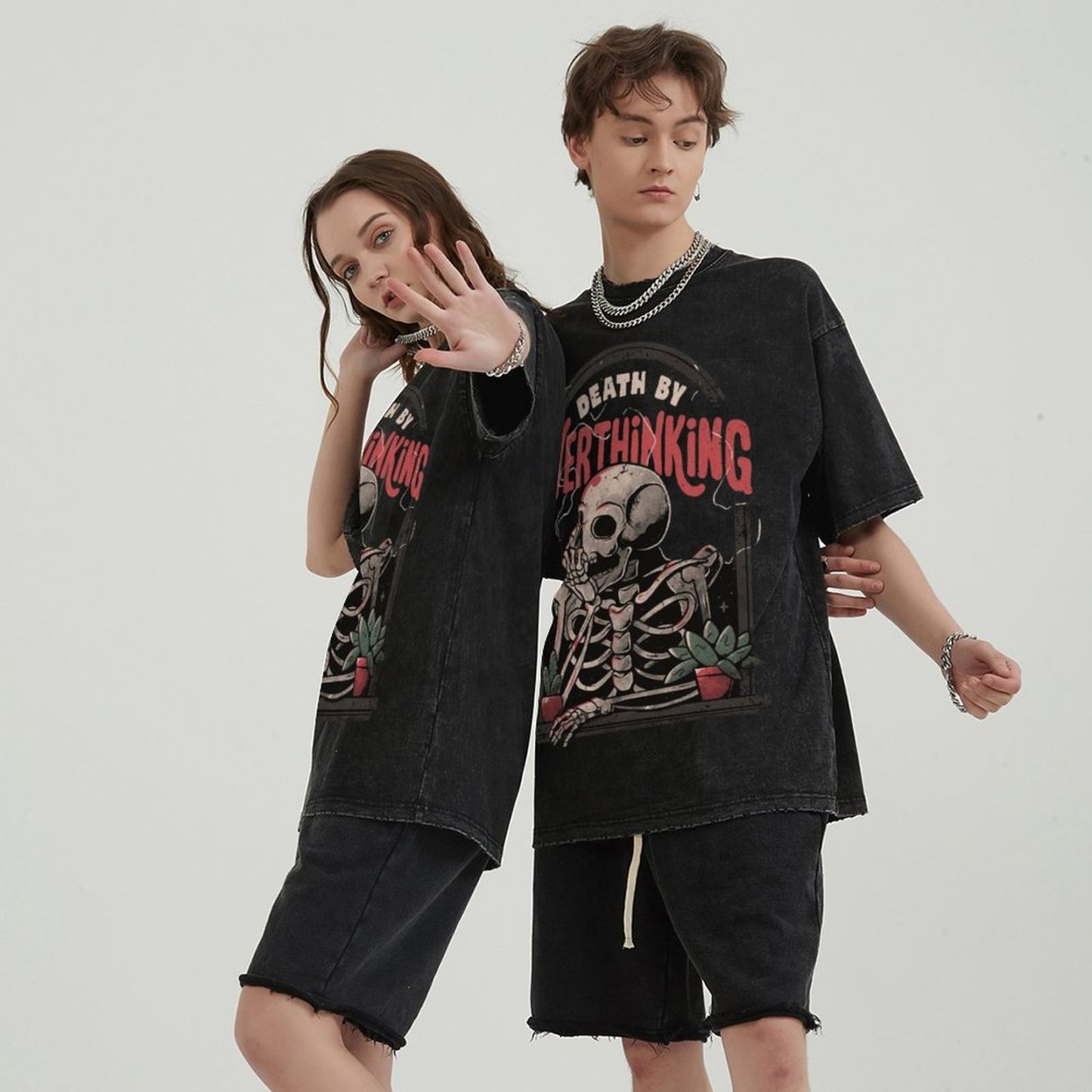 Death Skull Unisex Vintage Solid Wash Denim T-Shirts