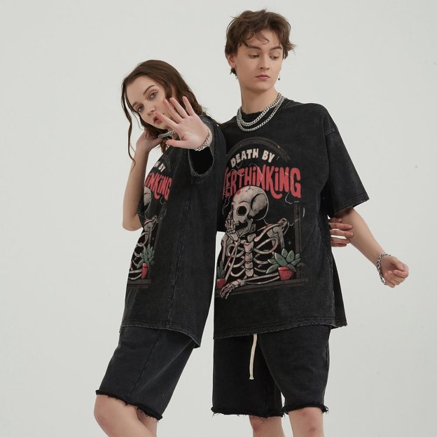 Death Skull Unisex Vintage Solid Wash Denim T-Shirts
