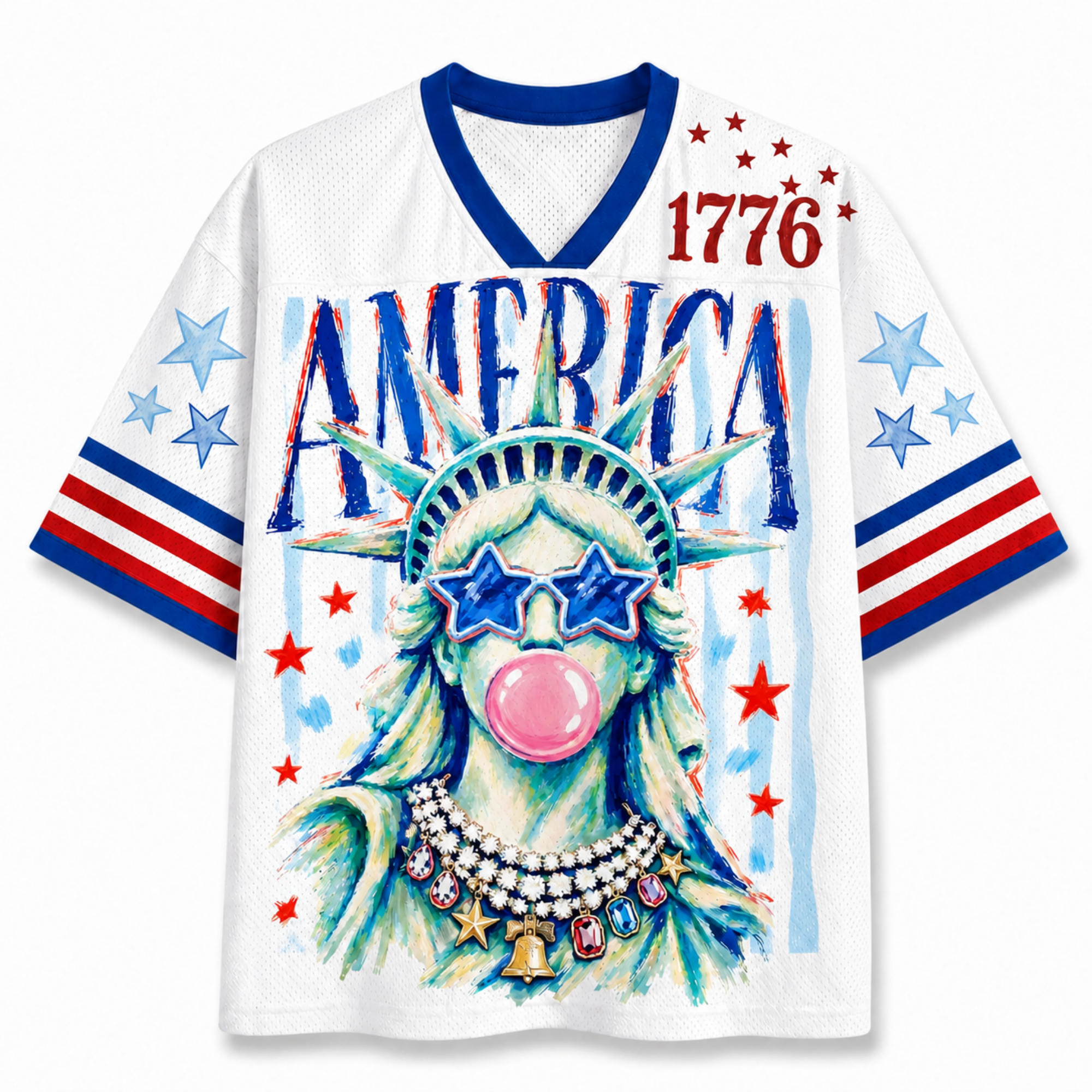 Chaotic Club Preppy Brushstroke Statue of Liberty Blowing Bubble Mesh Jersey