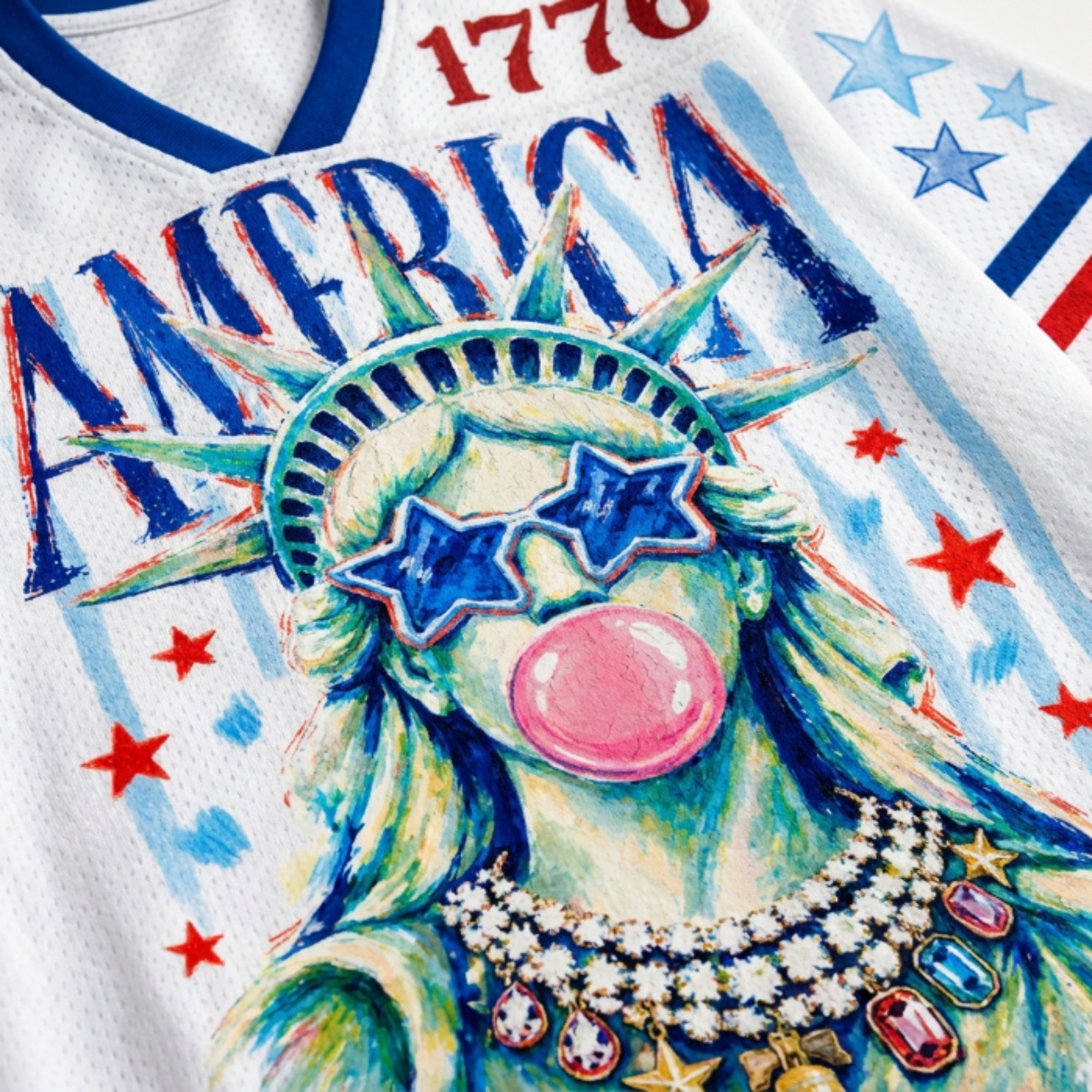 Chaotic Club Preppy Brushstroke Statue of Liberty Blowing Bubble Mesh Jersey