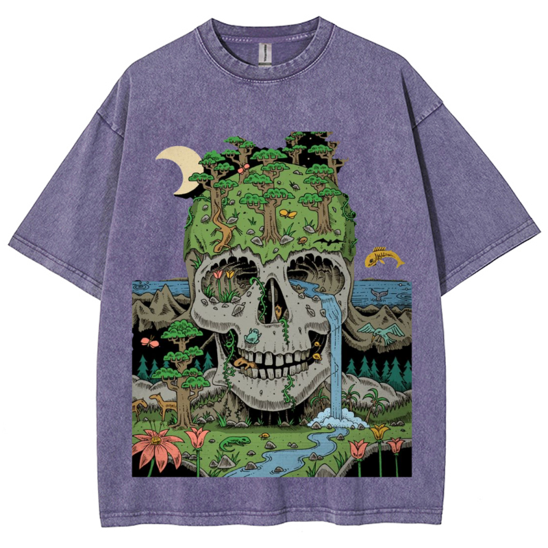 Skull Crying Unisex Vintage Solid Wash Denim T-Shirts-Print-cool