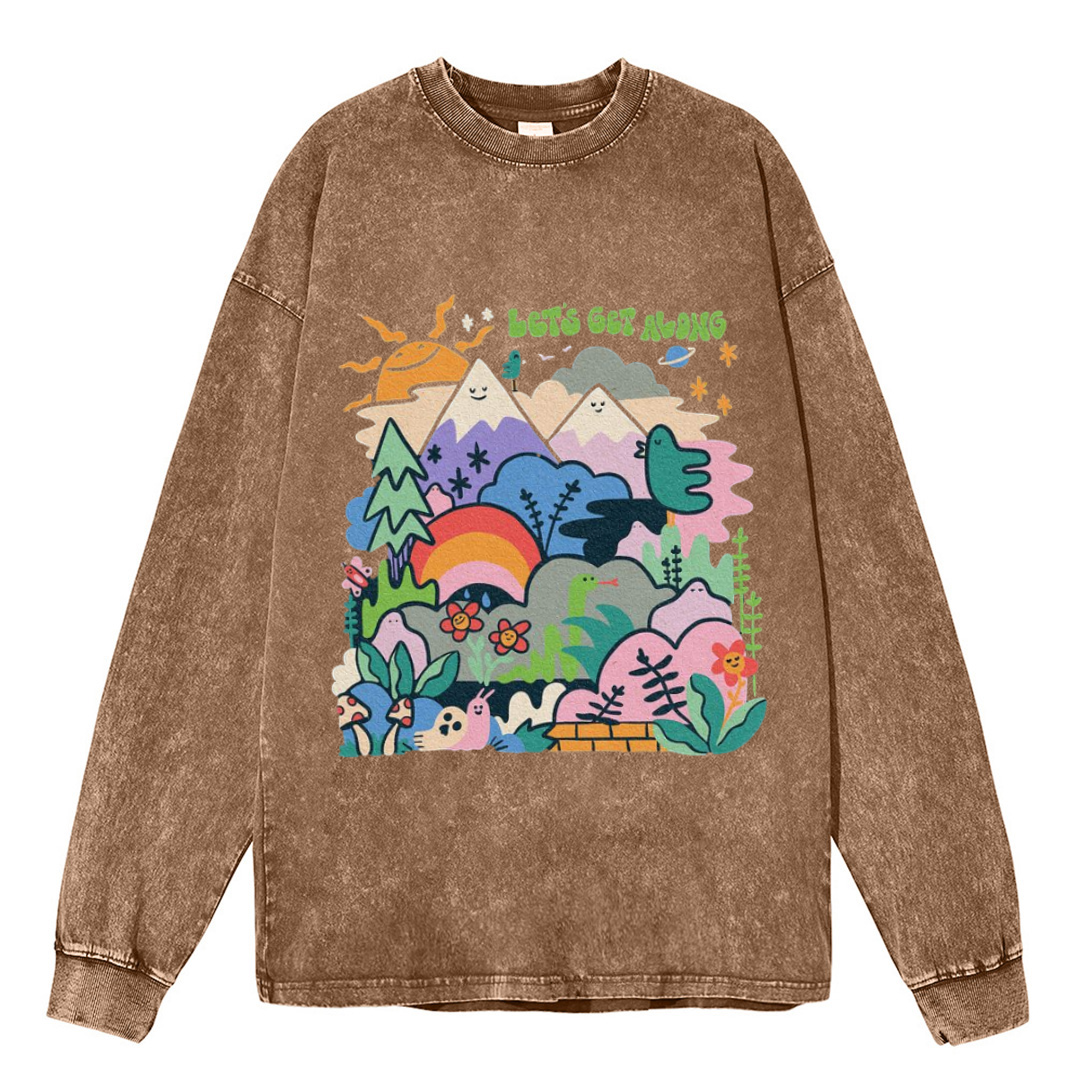 Lets Get Along Unisex Casual Washed Printed Round Neck Long Sleeve T-shirt-Print-cool