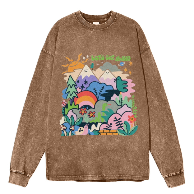 Lets Get Along Unisex Casual Washed Printed Round Neck Long Sleeve T-shirt-Print-cool