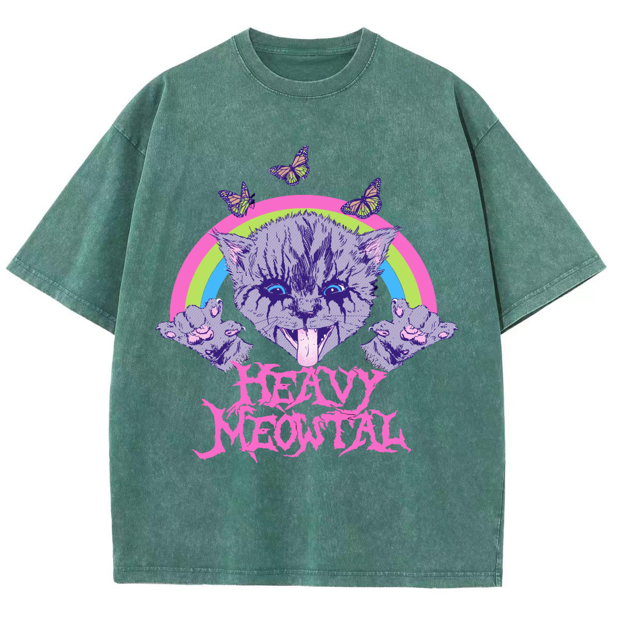 Heavy Meowtal Unisex Printed Retro Washed Short Sleeved T-Shirt-Print-cool