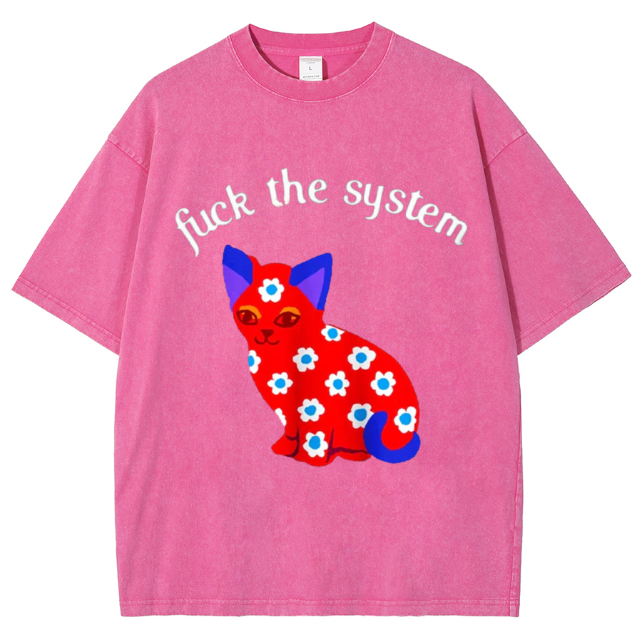 F The System Unisex Oversized Print Vintage Wash Denim T-Shirt-Print-cool