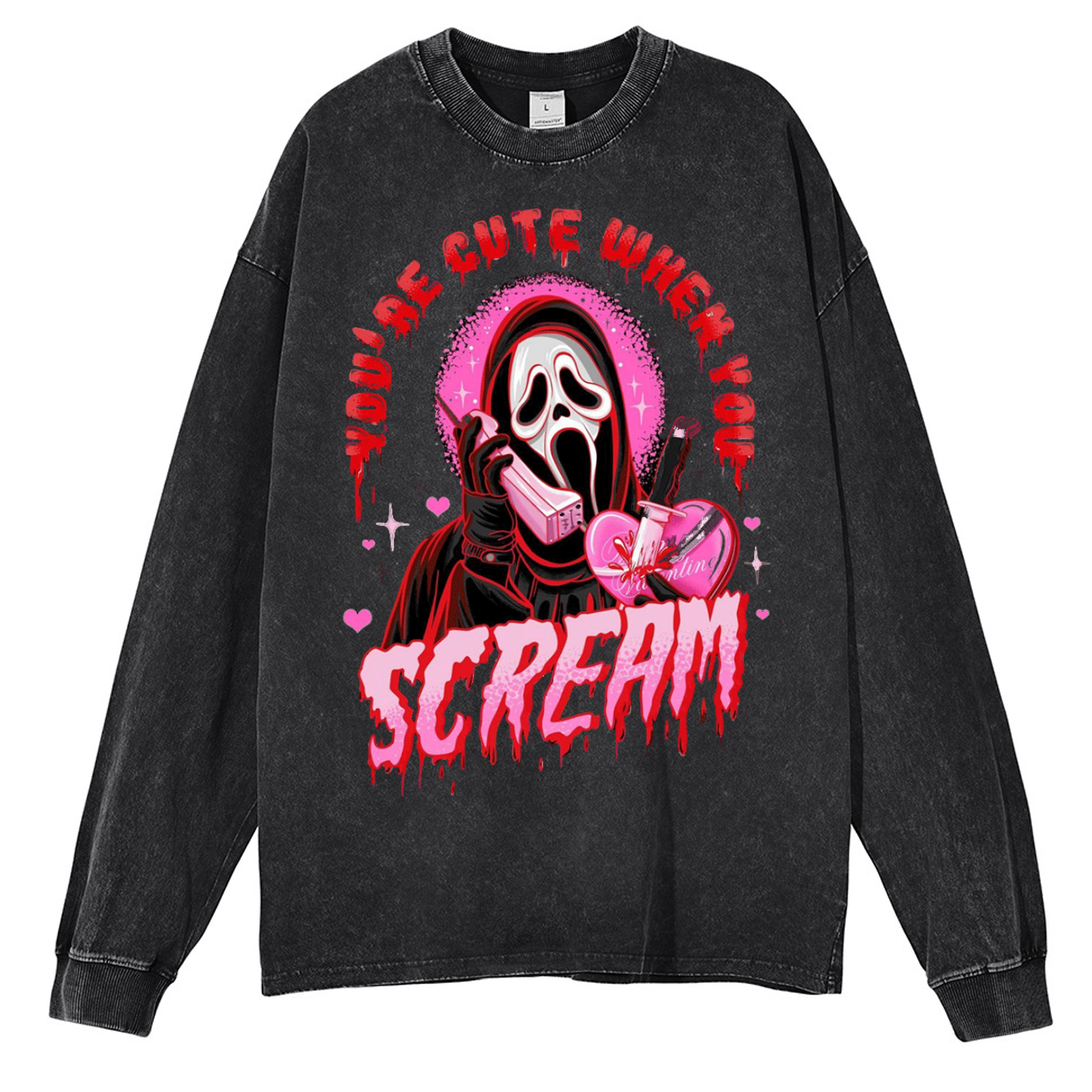 Cute Scream Unisex Washed Printed Round Neck Long Sleeve T-Shirt