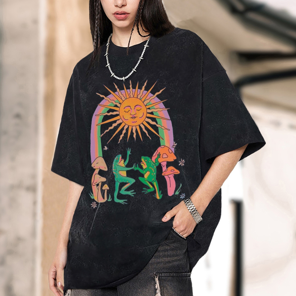 Funny Frog Unisex Oversized Print Vintage Wash Denim T-Shirt