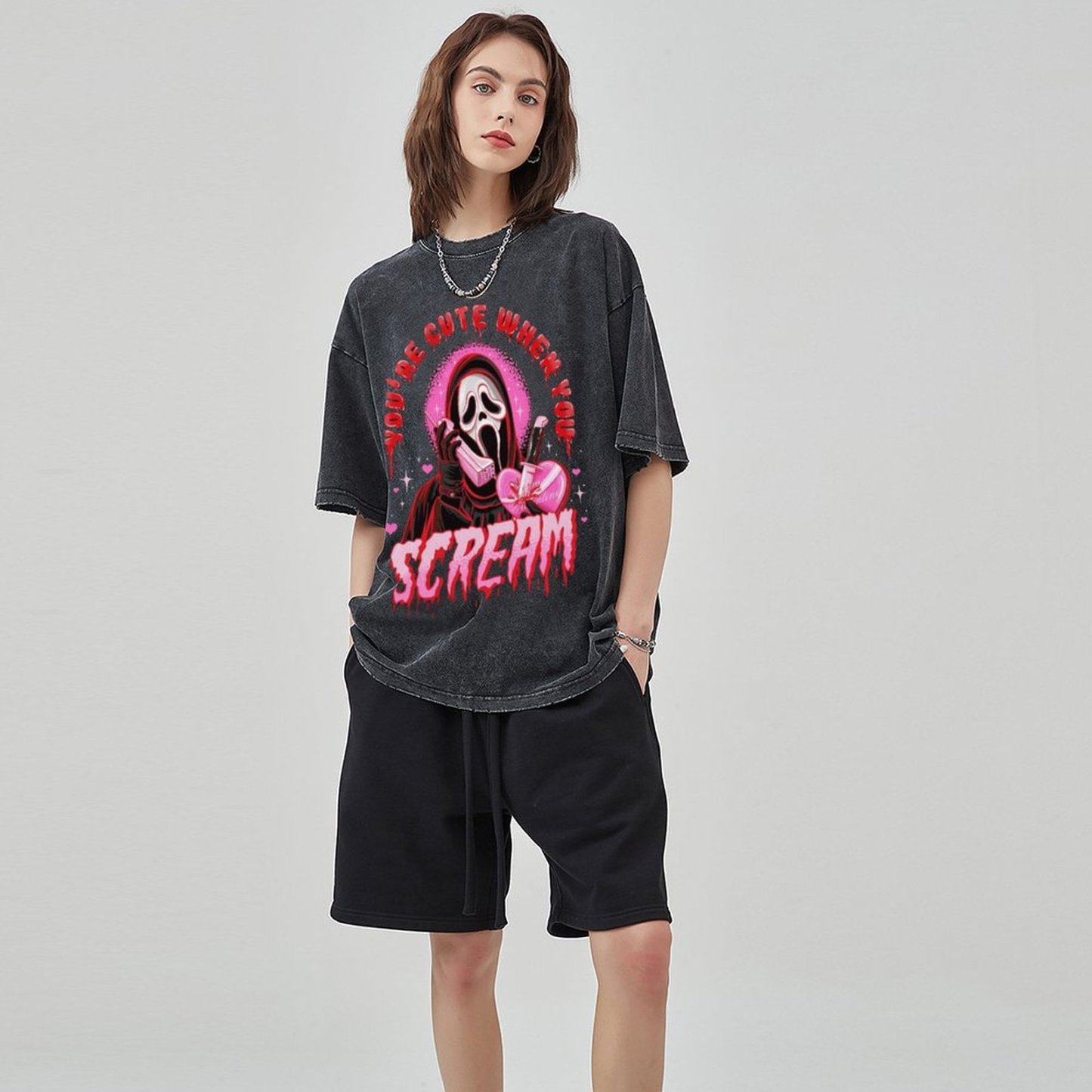 Cute Scream Unisex Vintage Solid Wash Denim T-Shirts