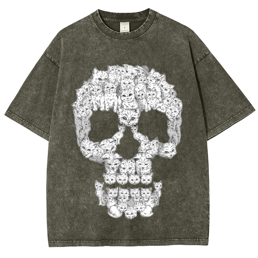 Kitty Skull Unisex Oversized Print Vintage Wash Denim T-Shirt