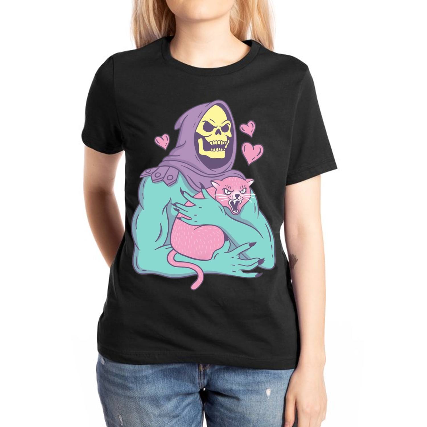 Funny Skull Cat Women Round Neck Casual Short Sleeve T-Shirt