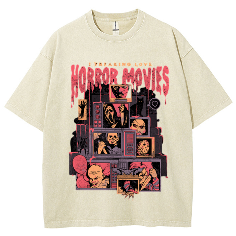 Horror Movies Unisex Vintage Wash Denim T-Shirts-Print-cool