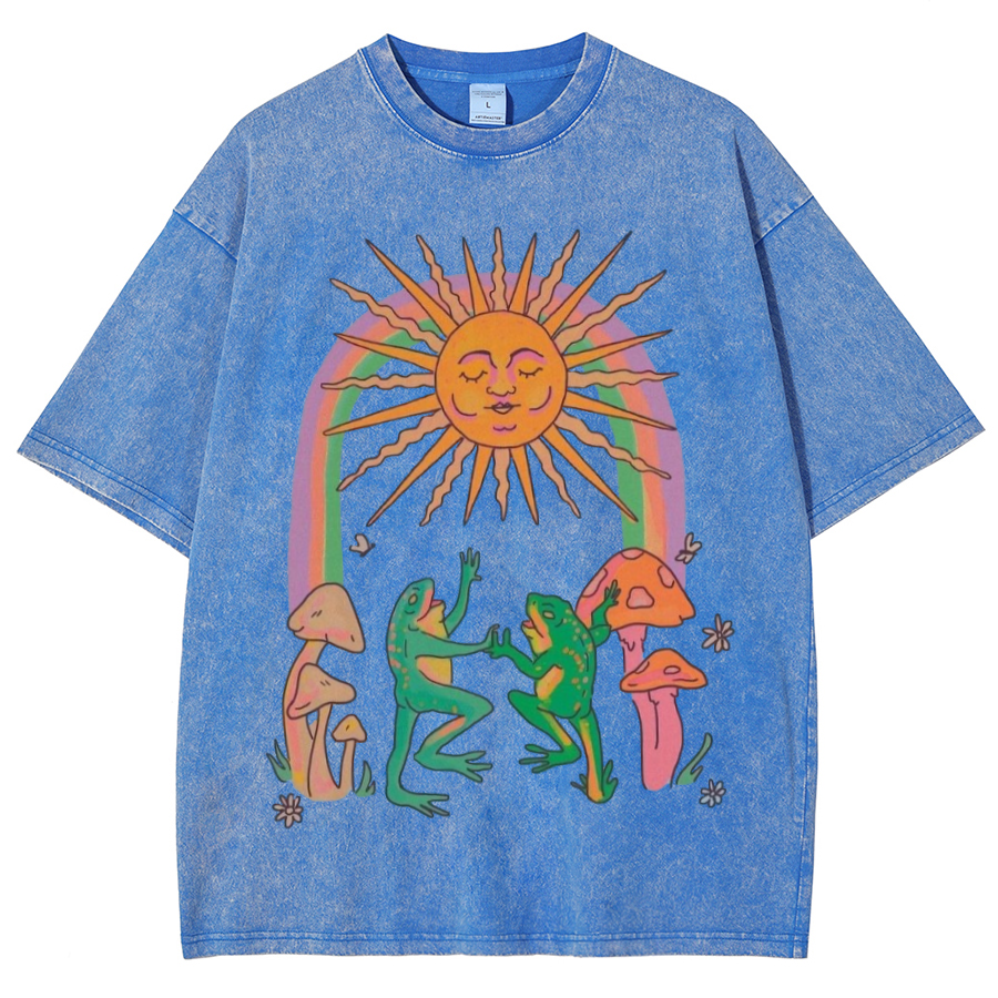 Funny Frog Unisex Oversized Print Vintage Wash Denim T-Shirt