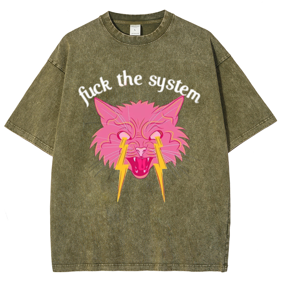 Fuck The System Unisex Oversized Print Vintage Wash Denim T-Shirt-Print-cool