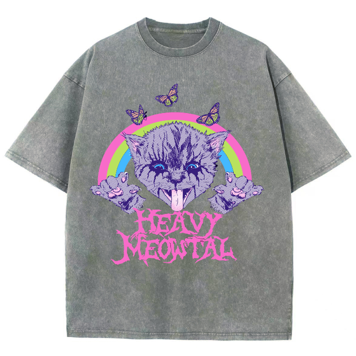 Heavy Meowtal Unisex Printed Retro Washed Short Sleeved T-Shirt-Print-cool