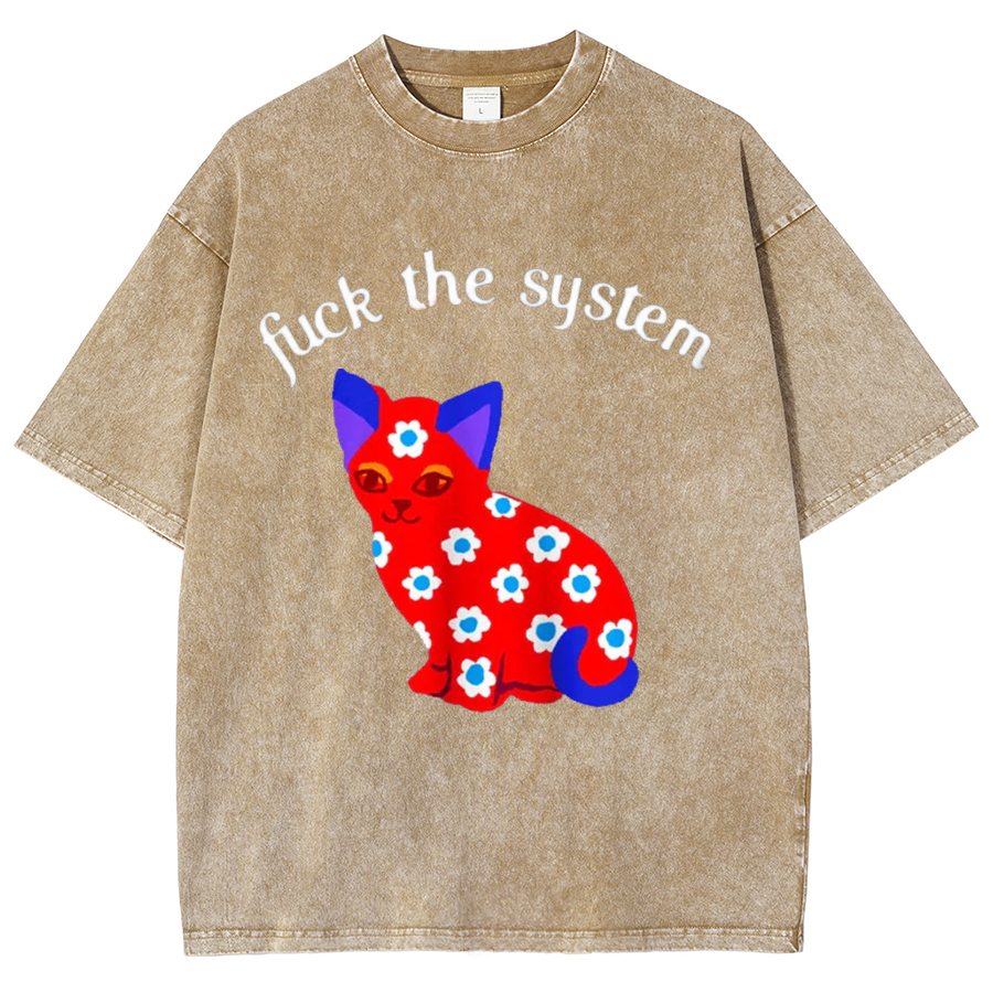 F The System Unisex Oversized Print Vintage Wash Denim T-Shirt-Print-cool